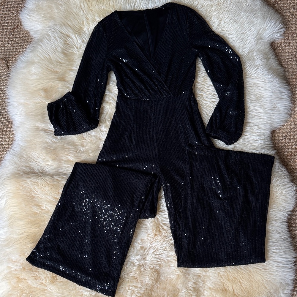 Black sequined faux wrap wide leg jumpsuit sz M